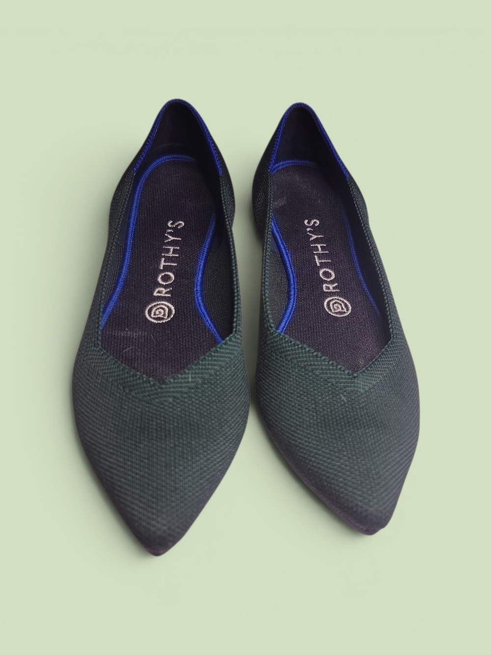 Rothy's Pointed Knit Flats in Dark Green with Blue Trim